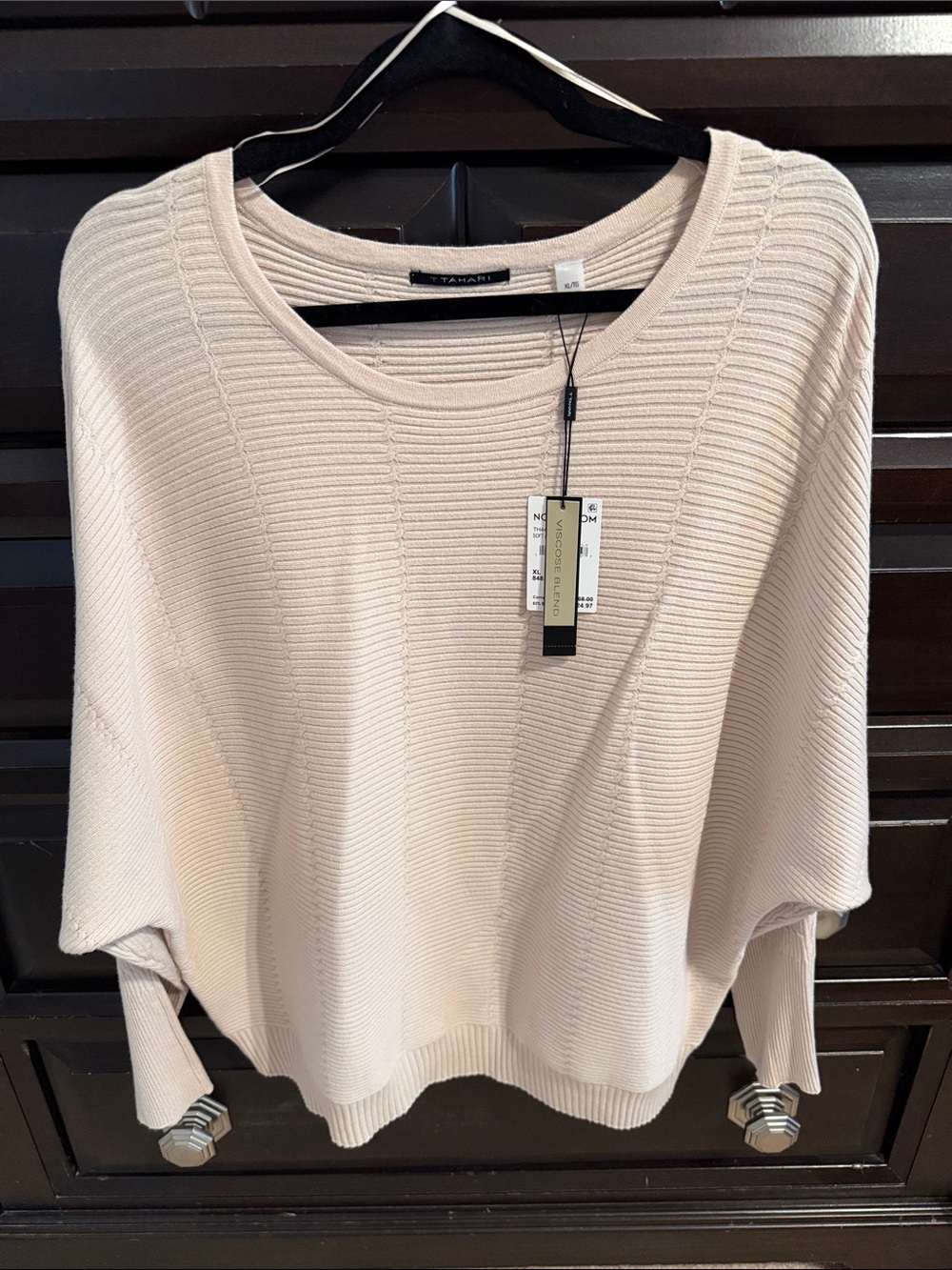 Tahari Cream Ribbed Scoop-Neck Pullover Sweater